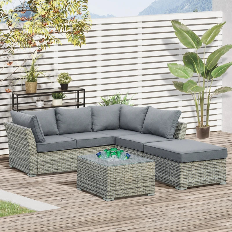 Outsunny Rattan Corner Sofa Set with Table Ice Bucket Light Grey
