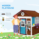 Outsunny Wooden Playhouse with Doors, Wooden, Plant Pots for Kids - Dark Brown