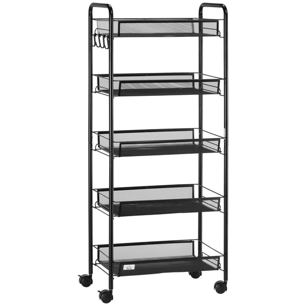 HOMCOM 5 Tier Utility Rolling Cart With Removable Mesh Baskets, Black