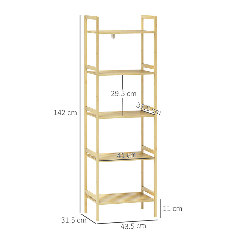 HOMCOM 5-Tier Bamboo Bathroom Storage Shelf with Adjustable Rack