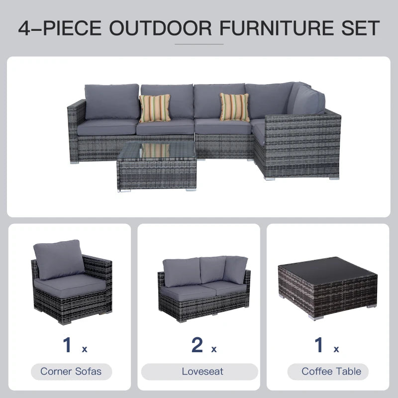 Outsunny Rattan Corner Sofa Set with Coffee Table - Grey