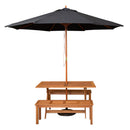 Outdoor 4 Person Rectangular Wooden Garden Dining Table, 2 Benches with Black Parasol and Base Set