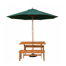Outdoor 4 Person Rectangular Wooden Garden Dining Table, 2 Benches with Green Parasol and Base Set