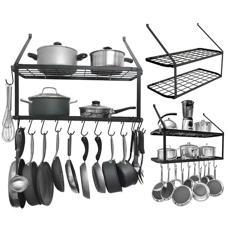 Lifeideas Wall-Mounted 2 Tiers Pan Rack Pot Holders Storage with 10 Hooks Black