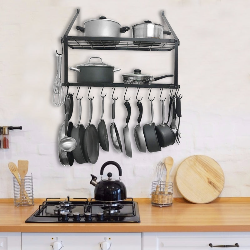 Lifeideas Wall-Mounted 2 Tiers Pan Rack Pot Holders Storage with 10 Hooks Black