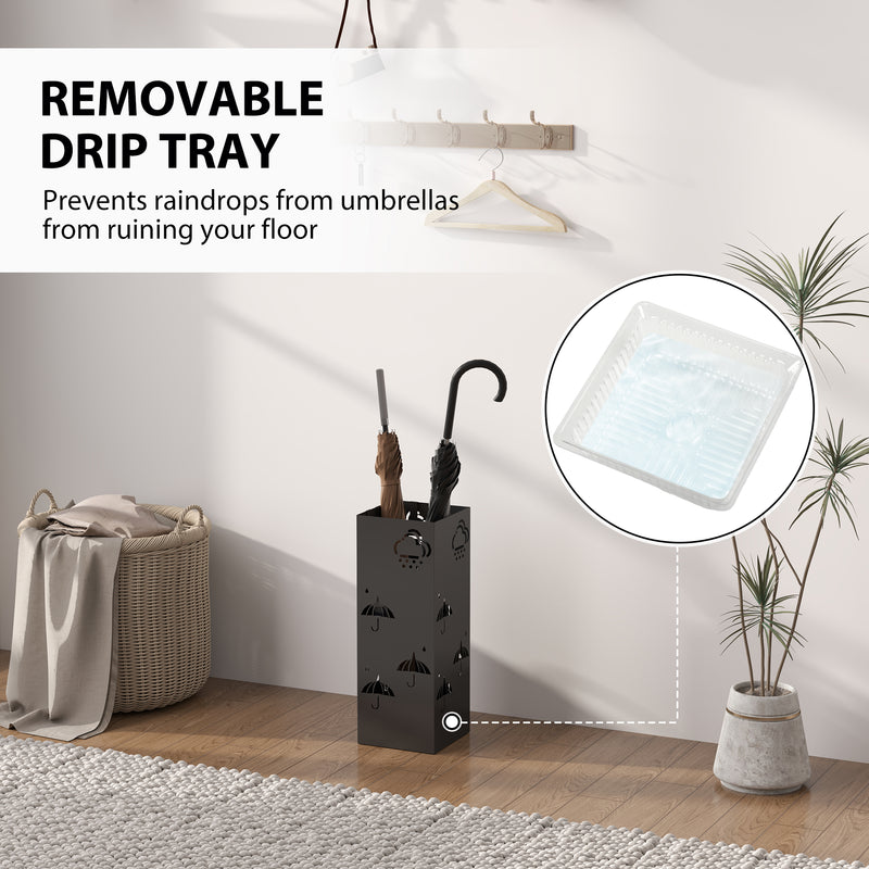 HOMCOM Decorative Umbrella Holder w/ Drip Tray 4 Hooks for Entryway Black