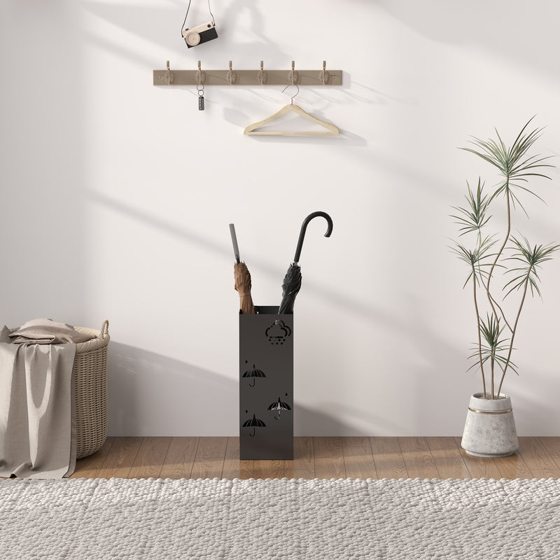 HOMCOM Decorative Umbrella Holder w/ Drip Tray 4 Hooks for Entryway Black