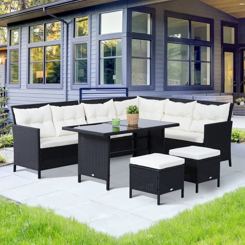 Outsunny Rattan Corner Sofa Set with Table and Footstools Black
