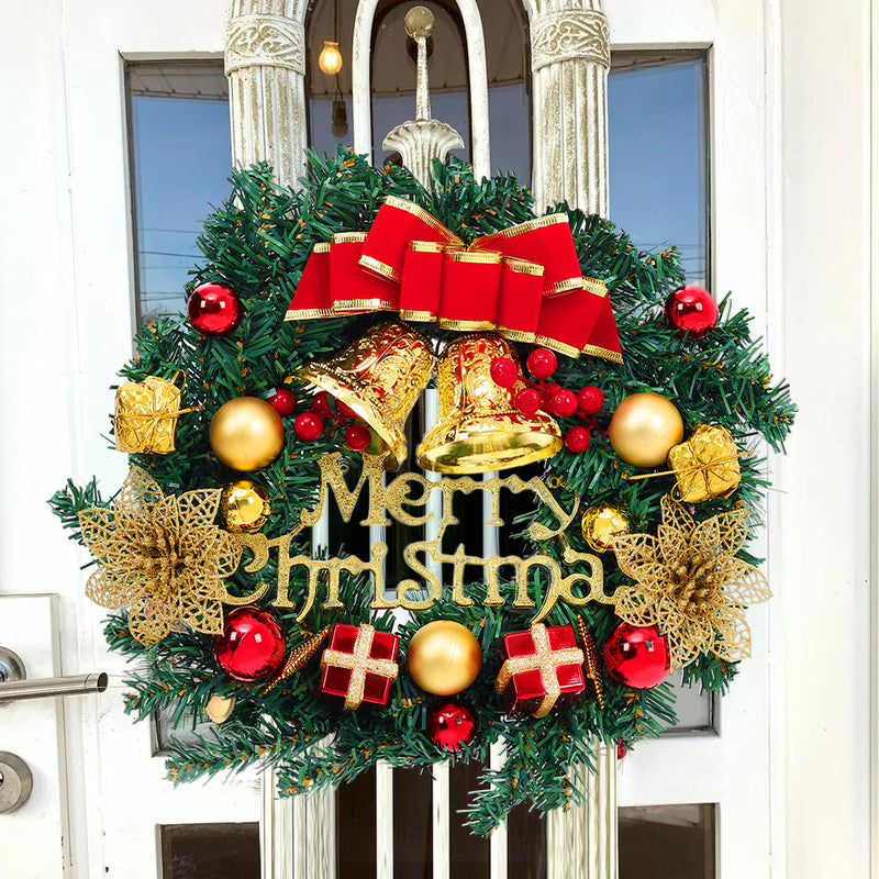 Livingandhome 30cm Christmas Artificial Wreath with Xmas Baubles Bells Bow Knots