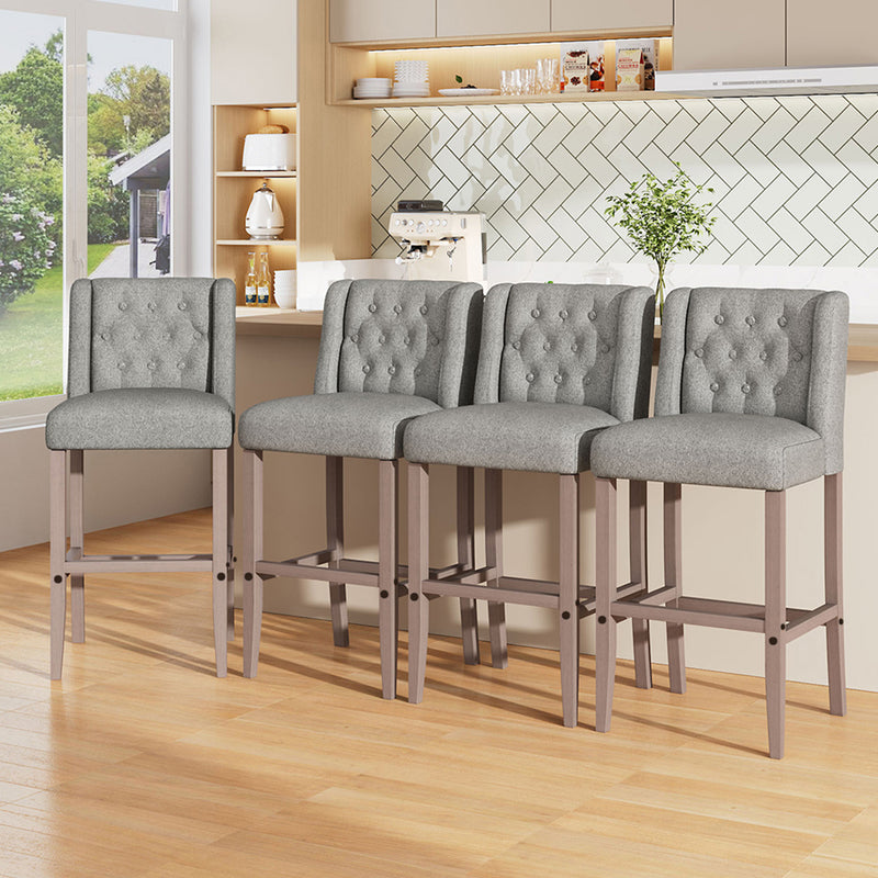 Livingandhome Rustic Set of 2 Bar Stools Linen Tufted with Wood Legs