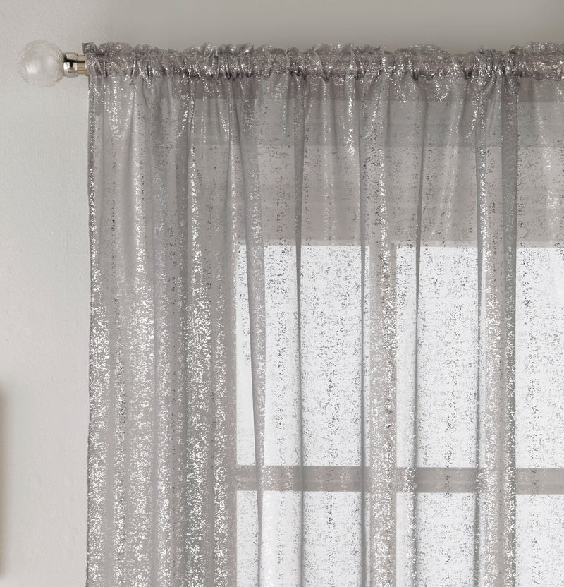 Pair of Pandora Grey Glittery Metallic Print Panel with Rod Pocket Header