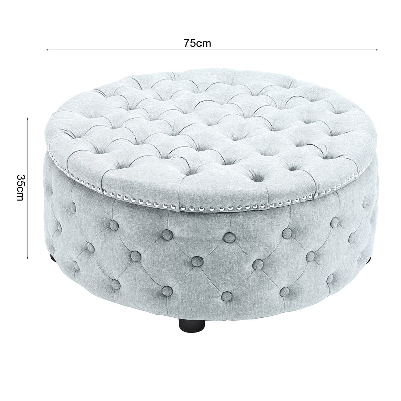 Livingandhome Grey Linen Round Ottoman with Studded Edge