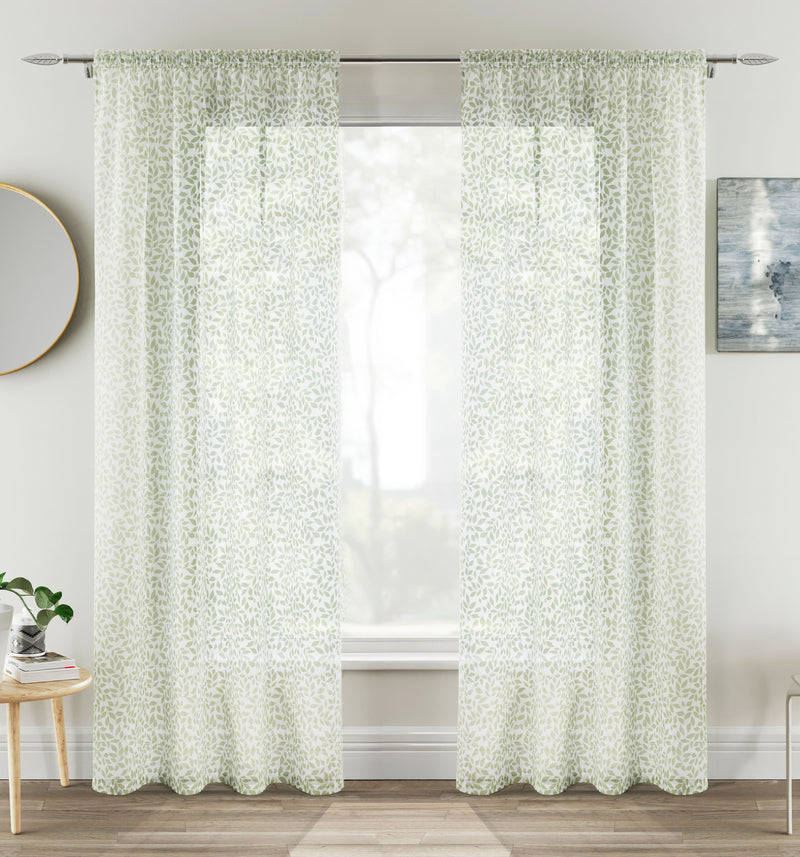Pair of Willow Green Leaf Print on Linen Look Panels, with Rod Pocket Header