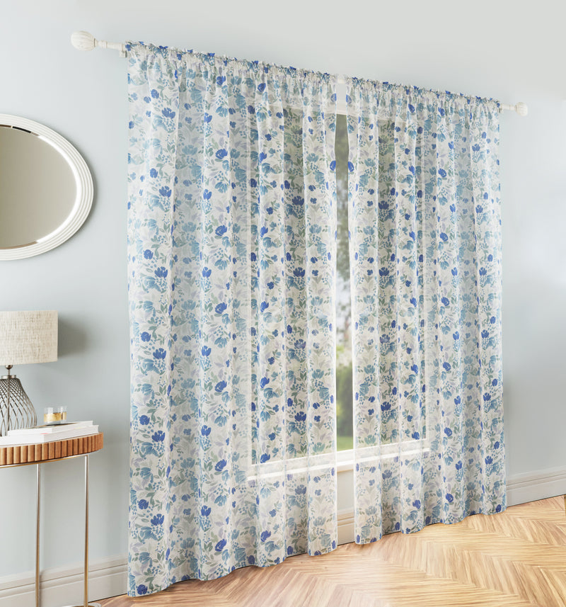 Mia Blue Floral Print Sheer Voile Panels - Pair