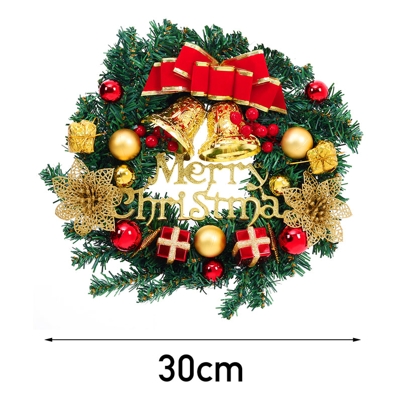 Livingandhome 30cm Christmas Artificial Wreath with Xmas Baubles Bells Bow Knots