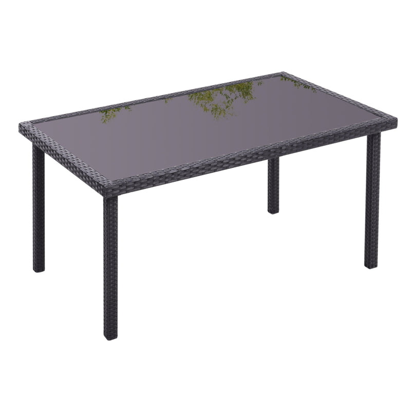 Breeins Rustic Rectangle Outdoor Wicker Table with Tempered Glass Tabletop