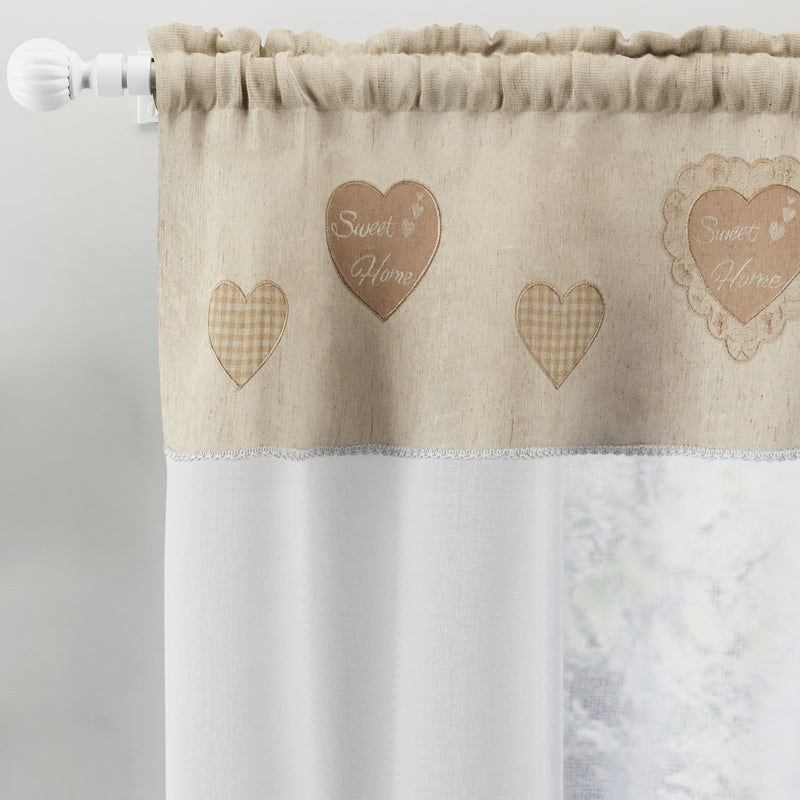 Tyrone Textiles Sweetheart Embroidered Natural Cream/Beige Heart Kitchen Window Set Curtain Pair With Matching Tie Backs