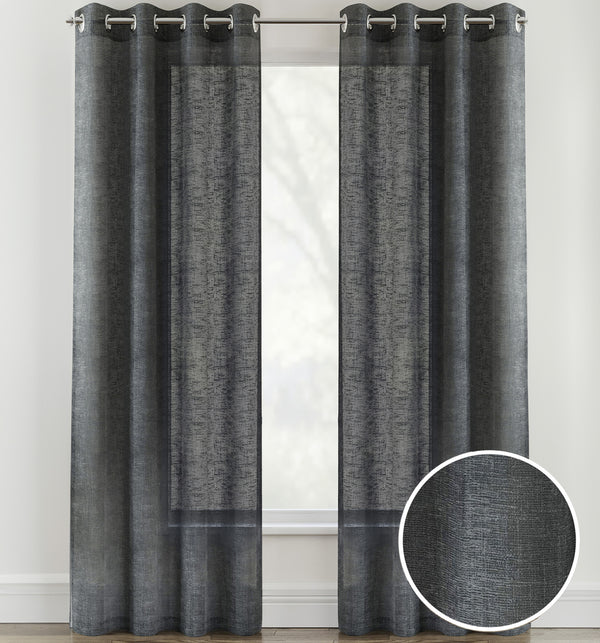 Pair of Crete Charcoal Luxury Linen Look Sheer Panels with Eyelet Header