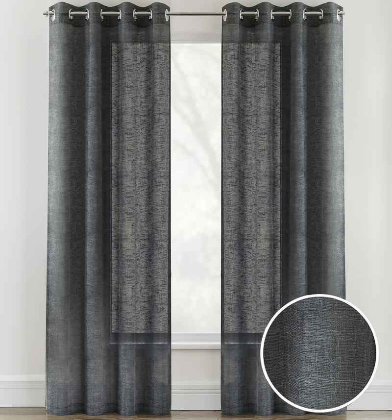 Pair of Crete Charcoal Luxury Linen Look Sheer Panels with Eyelet Header
