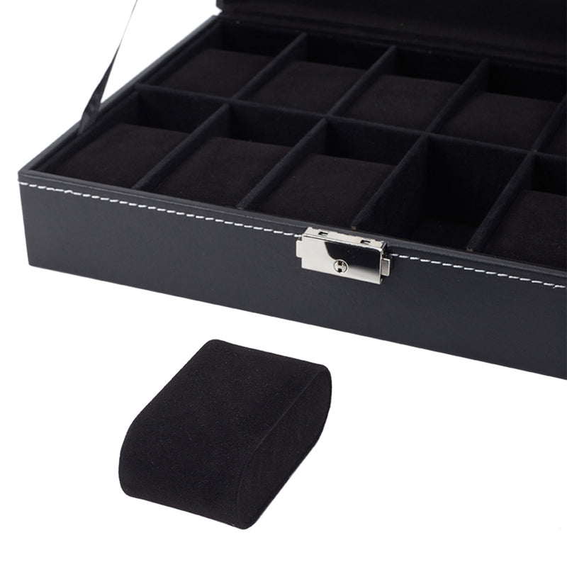 Sheonly 12-Slot Black Synthetic Leather Watch Display Box with Glass Lid