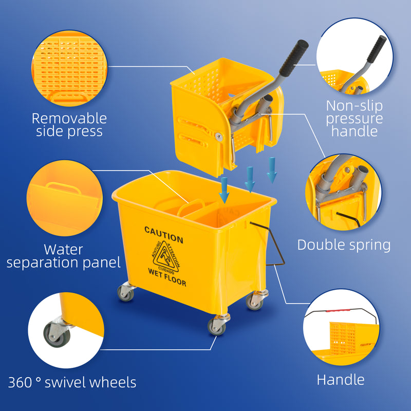 HOMCOM 20L Mop Bucket with Wringer Handle on Wheels for Cleaning Yellow