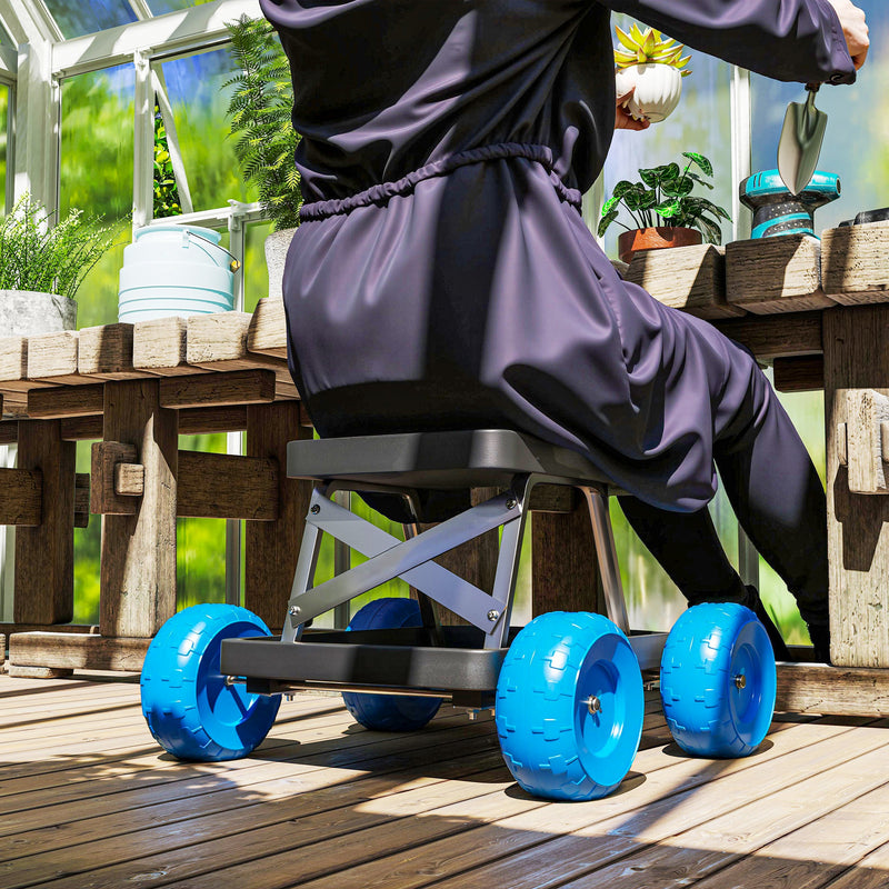 Outsunny Garden Cart with Wheels, Tool Tray for Weeding, Planting, Blue