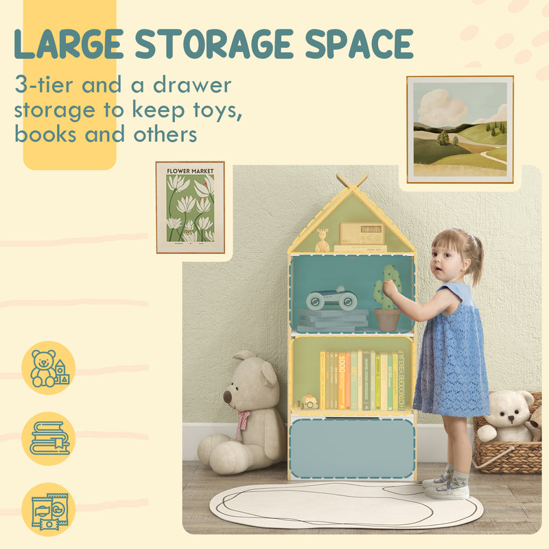 AIYAPLAY Kids Bookshelf with 3 Shelves, Drawer, Anti-tip Device, for Kids Room