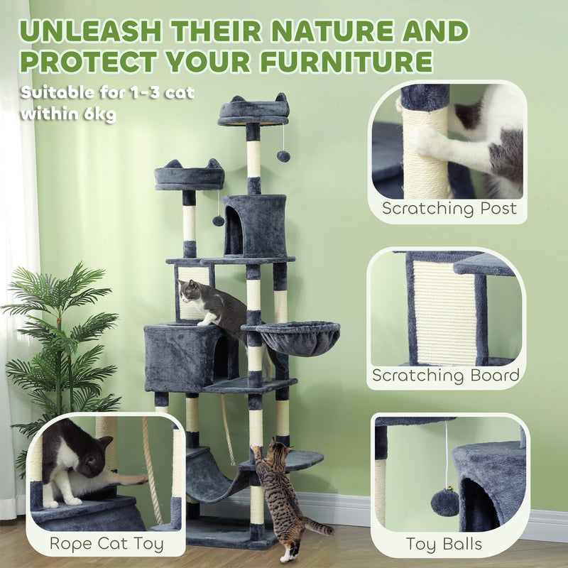 PawHut 206cm Cat Tree With Scratching Posts, Beds, Condos, Toys, Dark Grey