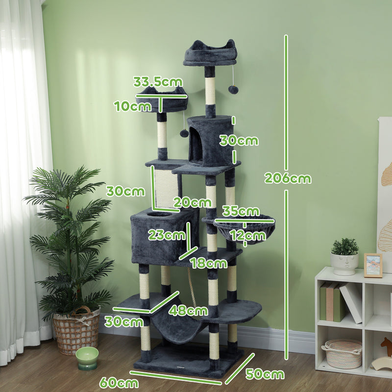 PawHut 206cm Cat Tree With Scratching Posts, Beds, Condos, Toys, Dark Grey