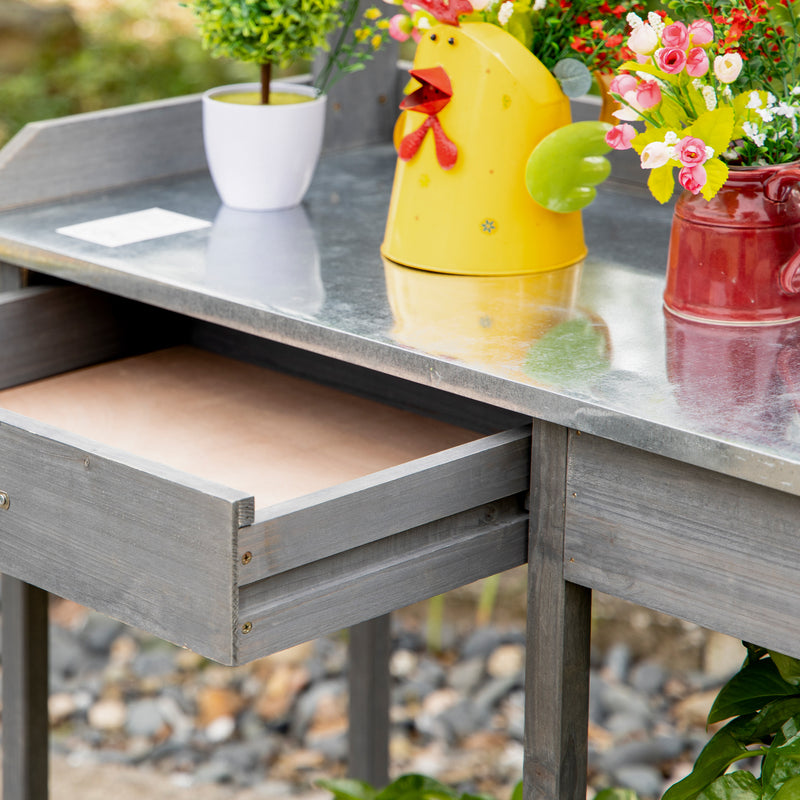 Outsunny Garden Potting Table Wooden Workstation w/ Metal Tabletop, Drawer, Shelves