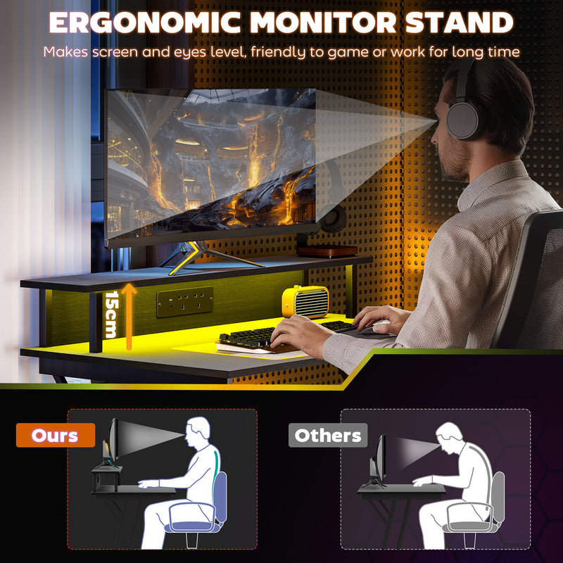 HOMCOM LED Gaming Desk with Power Outlets and Monitor Stand 100 x 60cm Black
