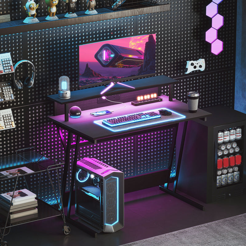 HOMCOM LED Gaming Desk with Power Outlets and Monitor Stand 100 x 60cm Black