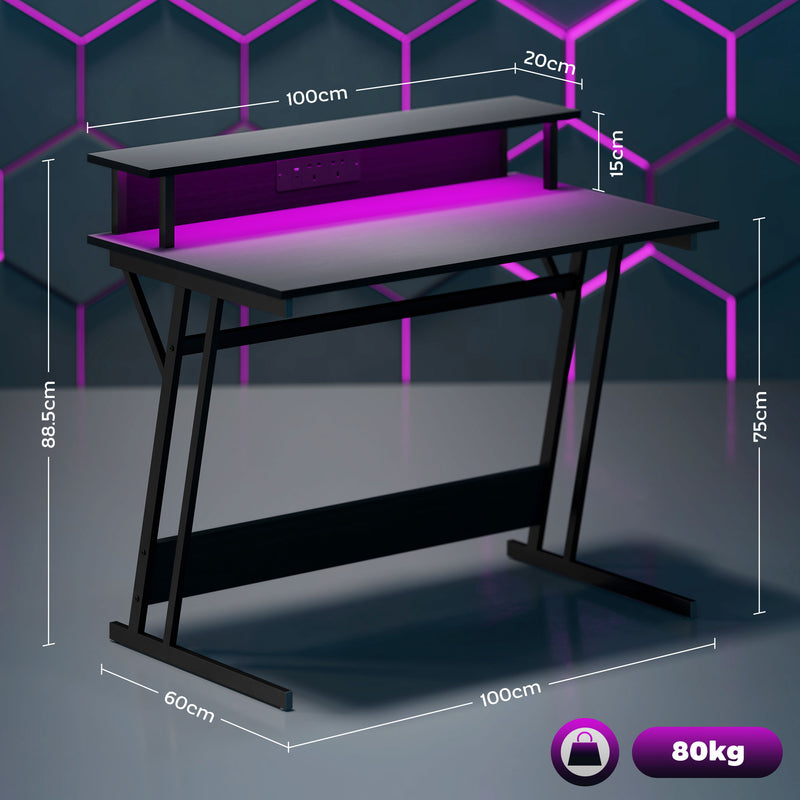 HOMCOM LED Gaming Desk with Power Outlets and Monitor Stand 100 x 60cm Black