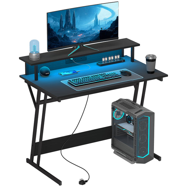 HOMCOM LED Gaming Desk With Power Outlets And Monitor Stand 100 X 60cm Black