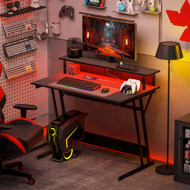 HOMCOM LED Gaming Desk with Power Outlets and Monitor Stand 100 x 60cm Black