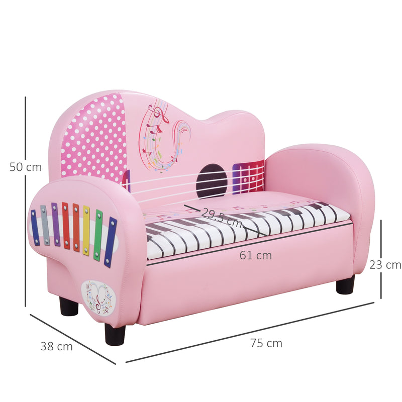 HOMCOM Kids PVC 2-Seater Musical-Theme Sofa Piano Shape Multi-Functional 2 Seats Couch Storage Box Soft Sturdy Pink