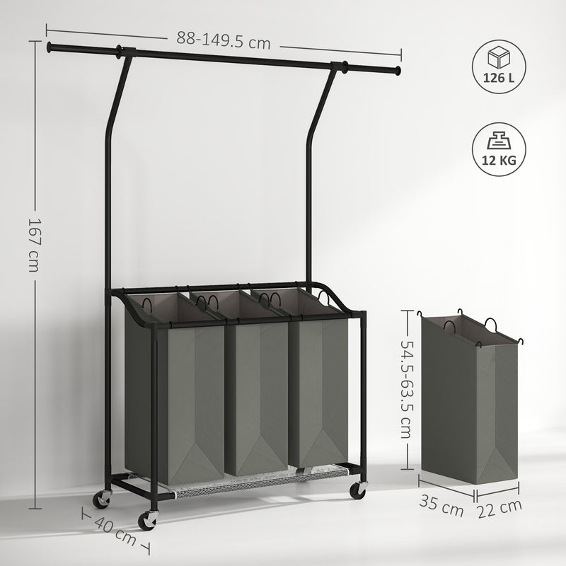 HOMCOM 126L Laundry Sorter, Laundry Basket with 3-Bag Organiser, Dark Grey
