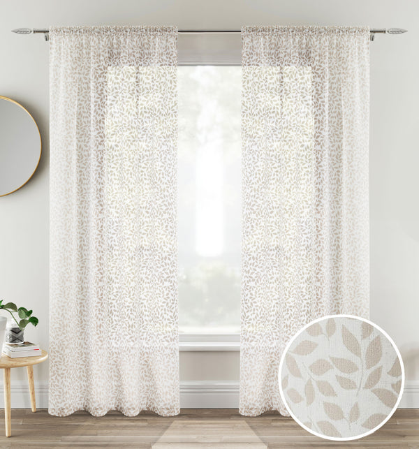 Pair of Willow Natural Leaf Print on Linen Look Panels, with Rod Pocket Header