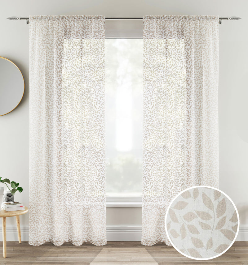 Pair of Willow Natural Leaf Print on Linen Look Panels, with Rod Pocket Header