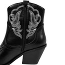 Embroidered Pointed Toe Cowboy Ankle Boots With Block Heel - Black