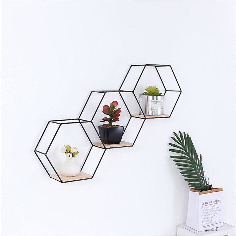 Livingandhome Modern Hexagon Wall Shelf with Iron Frame