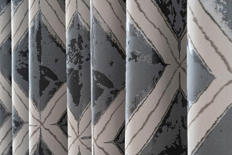 Luxury Diamond Jacquard Fully Lined Ring Top Curtains with Metallic Thread Charcoal/Silver