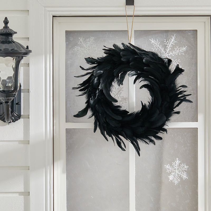 Black Feather Wreath with Lights for Halloween
