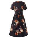 Floral Print V-Neck Short Sleeve Summer Midi Dress With Pockets