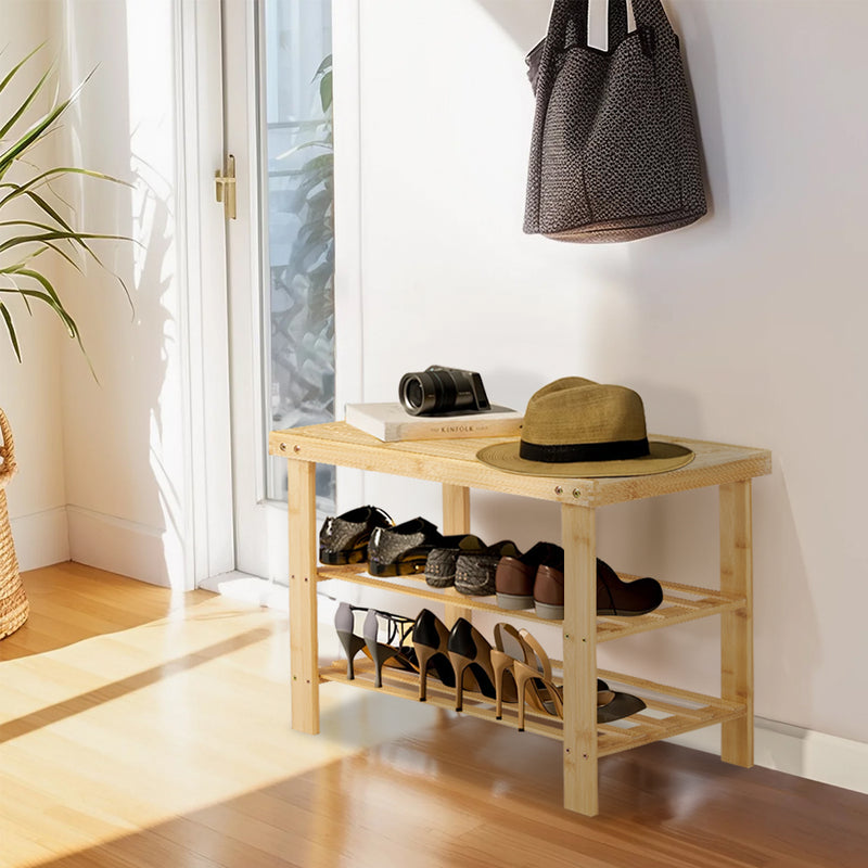 Livingandhome 2-Tier Bamboo Shoe Bench Shoe Rack Storage Organizer