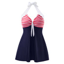Tummy Control One-Piece Swimsuit Swim Dress Navy Blue & Red Stripe