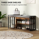 HOMCOM Upholstered Entryway Shoe Bench with Storage Shelves, Rustic Brown