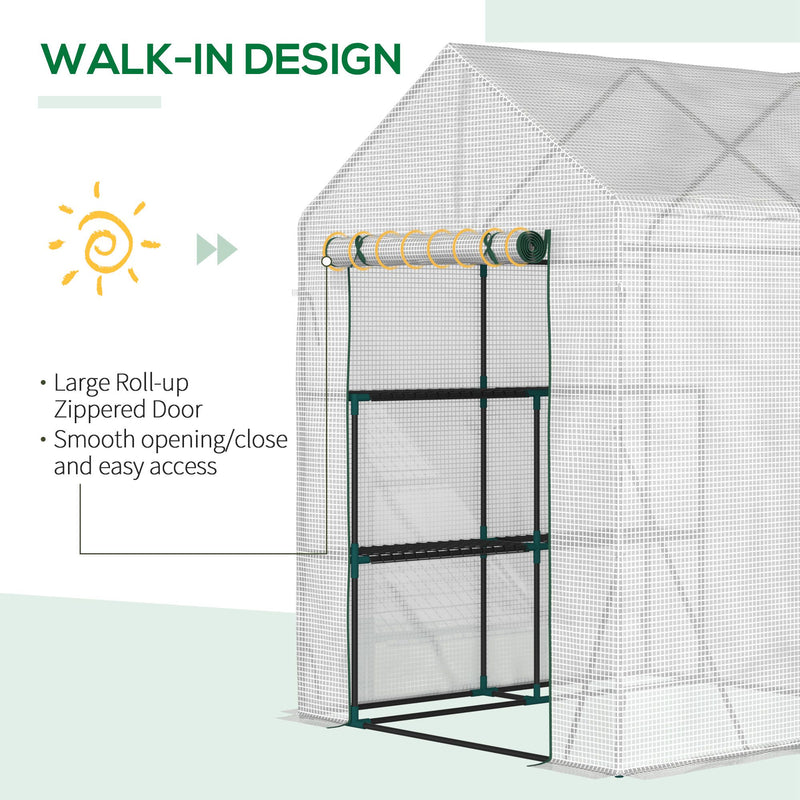 Outsunny Greenhouse for Outdoor w/ 2 Tier Shelf Roll-Up Zippered Door PE Cover Green
