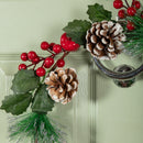 45cm Hanging Christmas Wreath with Red Berries and Frosted Pinecones