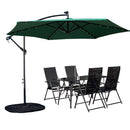 Outdoor 4 Person Rectangular Glass Top Garden Dining Table Chairs With Green Banana Lit Parasol and Base Set